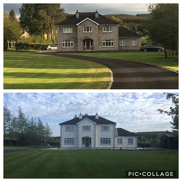 Two images here in this one image. Two Story Plaster rendered house image and the completed image of Everflex exterior masonry wall coating